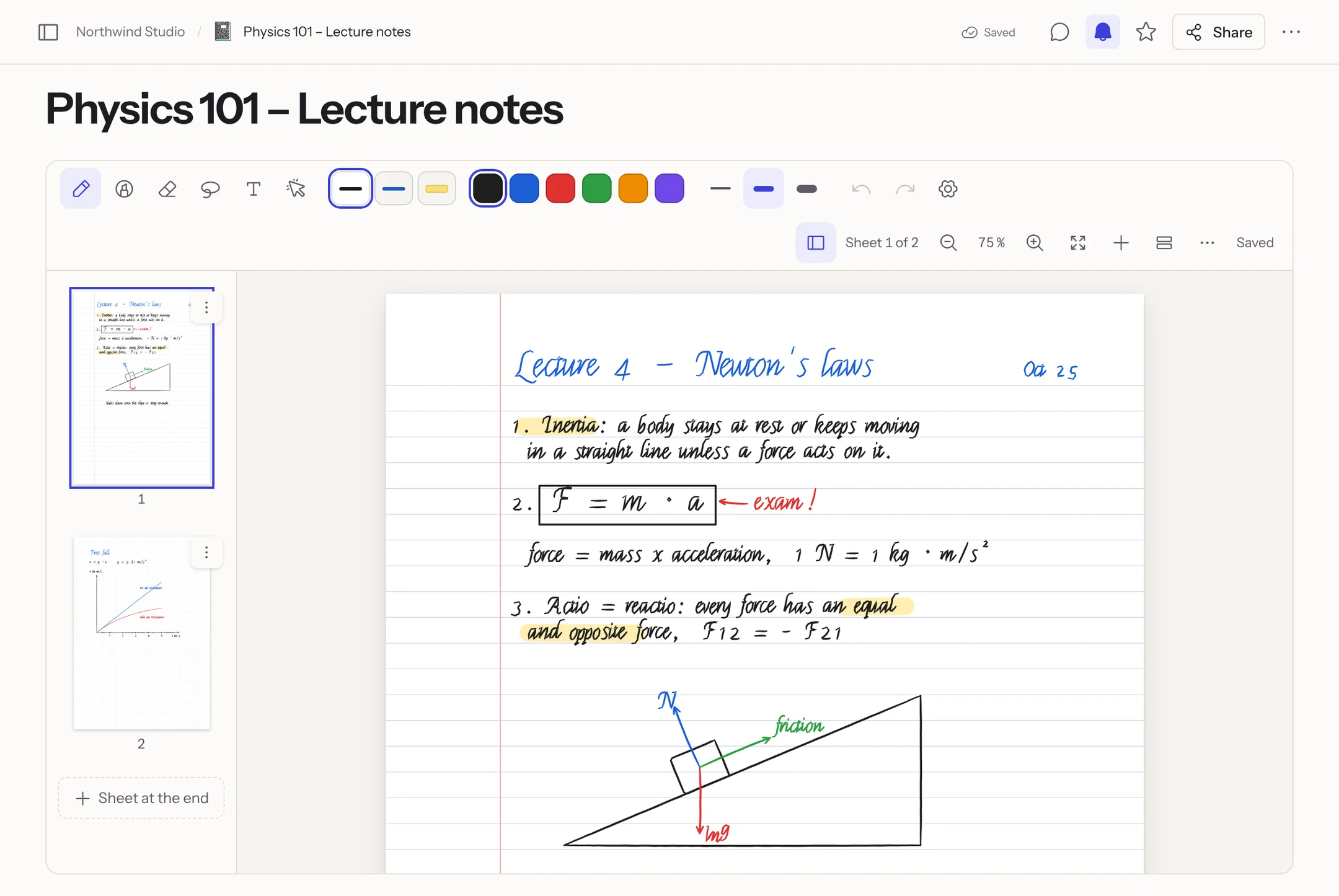 A notebook: the page overview with two sheets on the left, a sheet of lined paper with handwritten lecture notes, a boxed formula, highlights and a sketch on the right